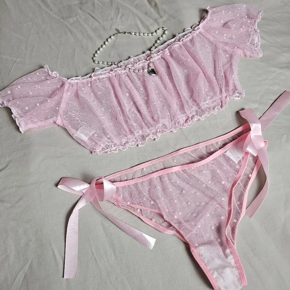 New Coquette Polka-dot Babydoll Lingerie Set M - Picture 4 of 8